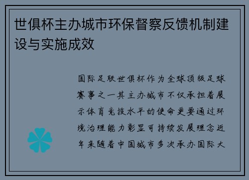 世俱杯主办城市环保督察反馈机制建设与实施成效